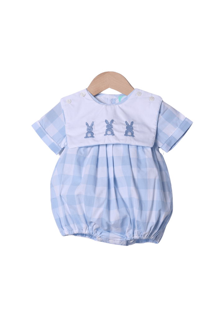 The Smocked Flamingo Apparel & Accessories Hand Embroidered Bunny Blue Buffalo Check Tab Bubble