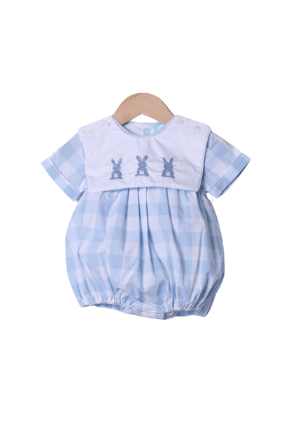 The Smocked Flamingo Apparel & Accessories Hand Embroidered Bunny Blue Buffalo Check Tab Bubble
