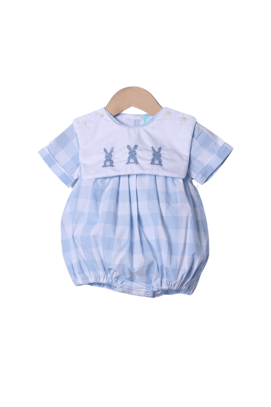 The Smocked Flamingo Apparel & Accessories Hand Embroidered Bunny Blue Buffalo Check Tab Bubble