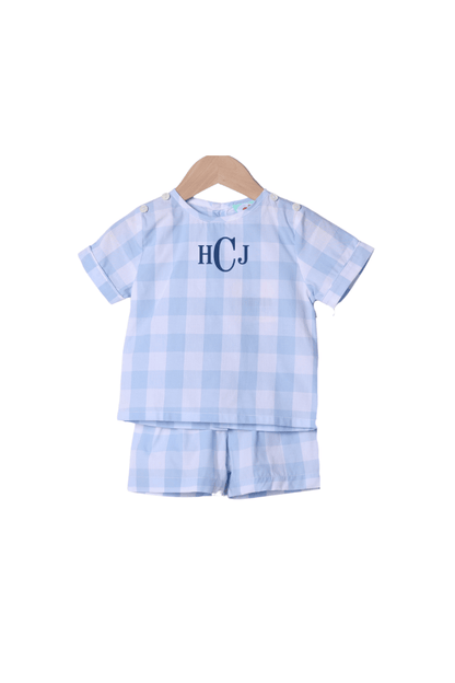 The Smocked Flamingo Apparel & Accessories Hand Embroidered Bunny Blue Buffalo Check Tab Short Set
