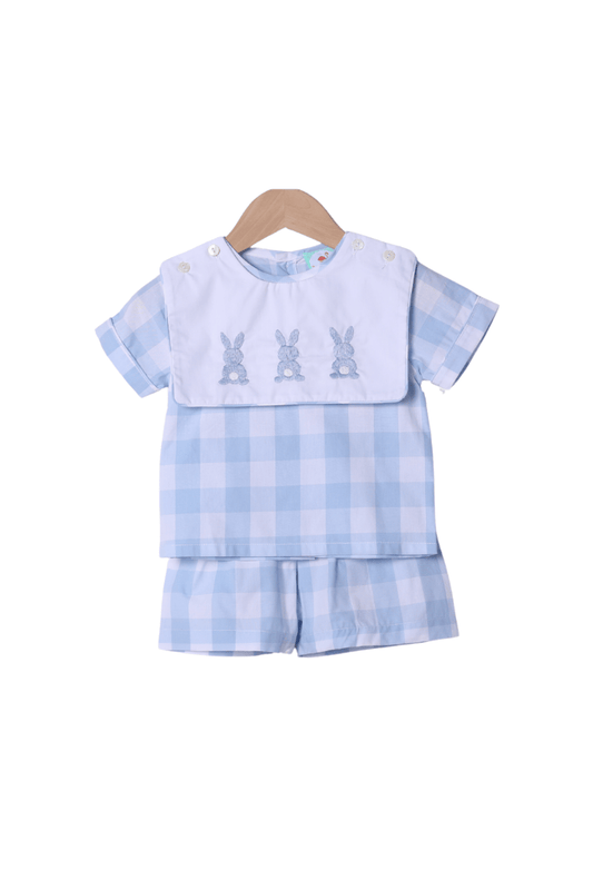The Smocked Flamingo Apparel & Accessories Hand Embroidered Bunny Blue Buffalo Check Tab Short Set