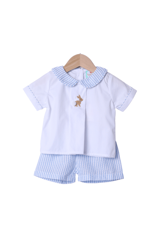 The Smocked Flamingo Apparel & Accessories Hand Embroidered Bunny Blue Seersucker Set