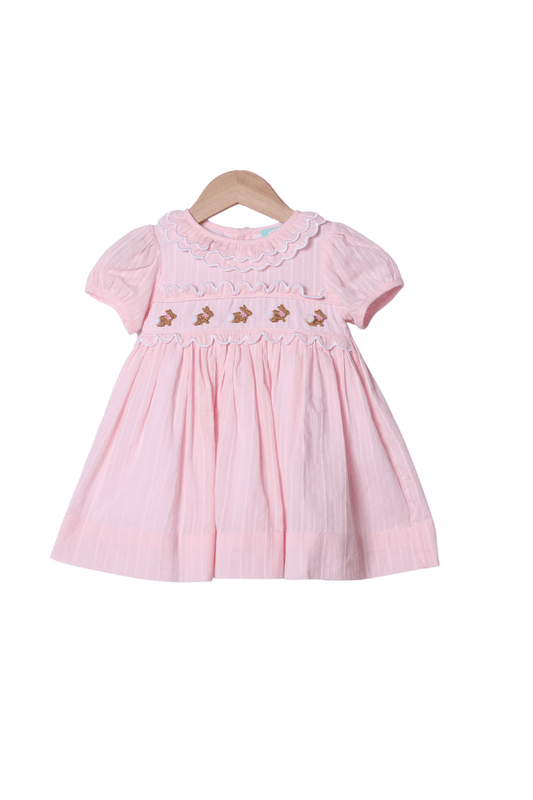 The Smocked Flamingo Apparel & Accessories Hand Embroidered Bunny Pink Linen Dress