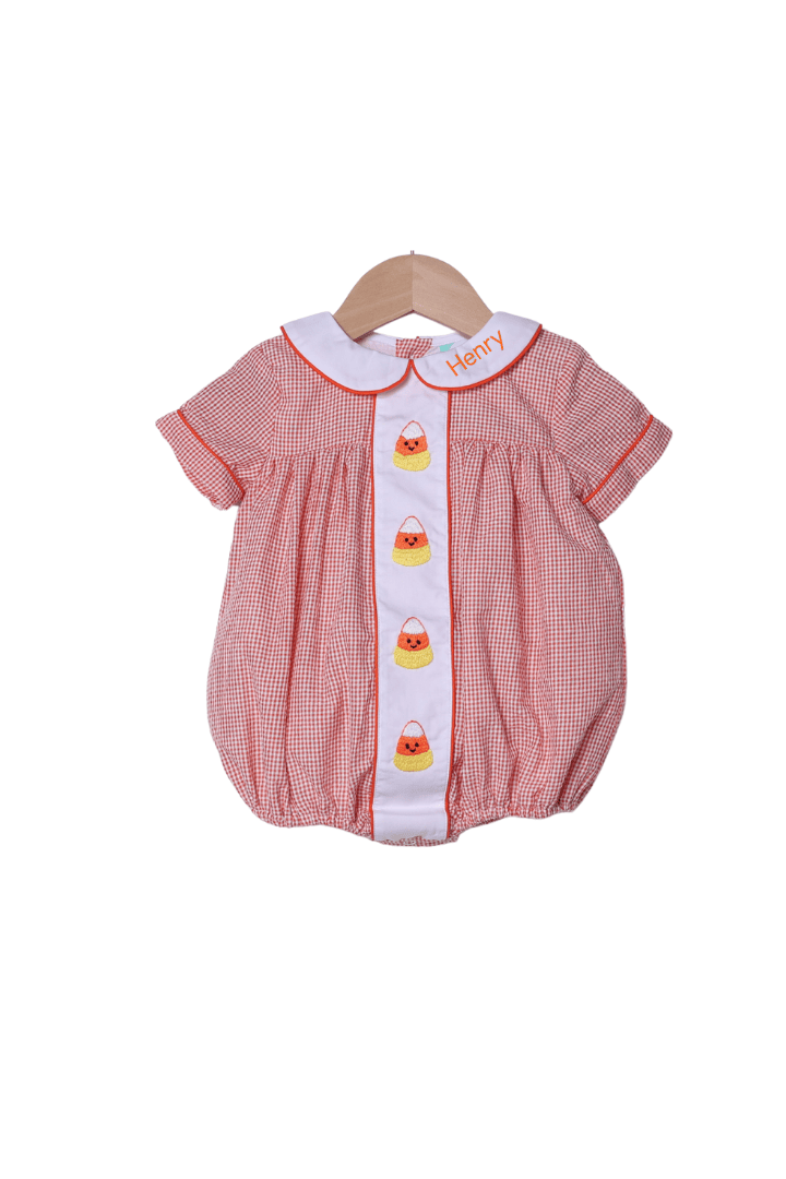 The Smocked Flamingo Apparel & Accessories Hand Embroidered Candy Corn Orange Gingham Bubble