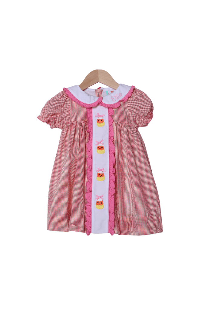 The Smocked Flamingo Apparel & Accessories Hand Embroidered Candy Corn Orange Gingham Ruffle Dress