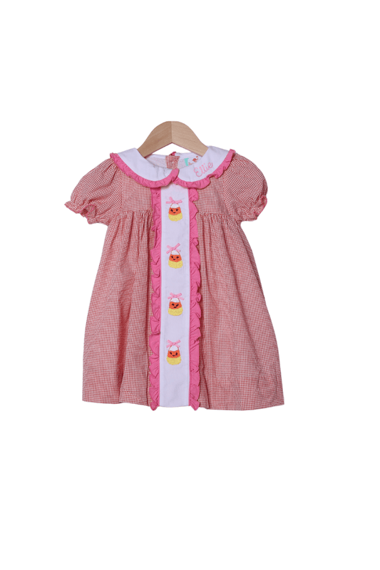 The Smocked Flamingo Apparel & Accessories Hand Embroidered Candy Corn Orange Gingham Ruffle Dress