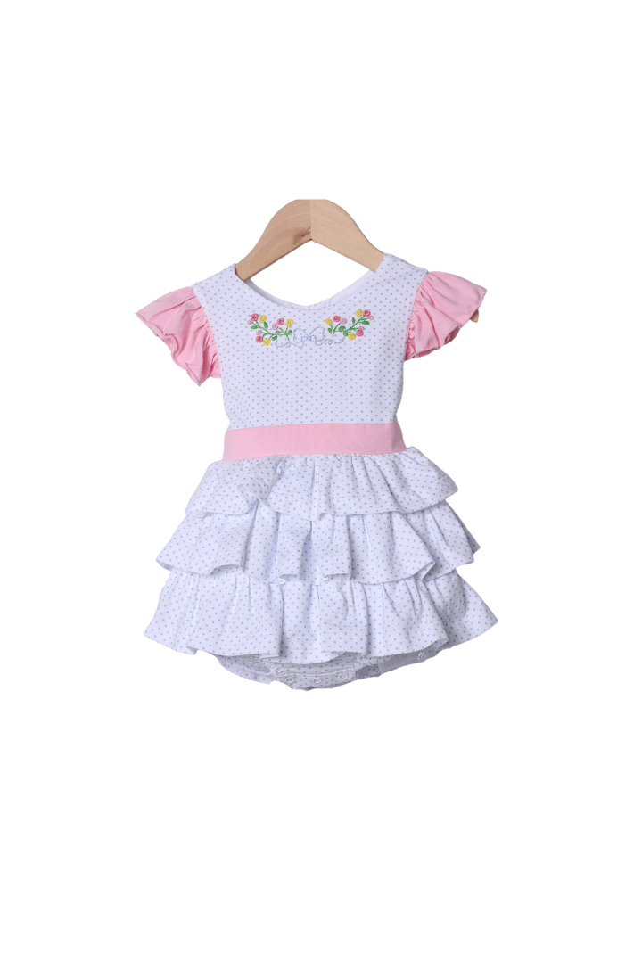 The Smocked Flamingo Apparel & Accessories Hand Embroidered Floral Bow Bitty Dot Ruffle Bubble