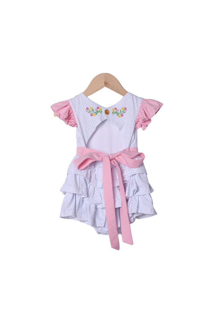 The Smocked Flamingo Apparel & Accessories Hand Embroidered Floral Bow Bitty Dot Ruffle Bubble