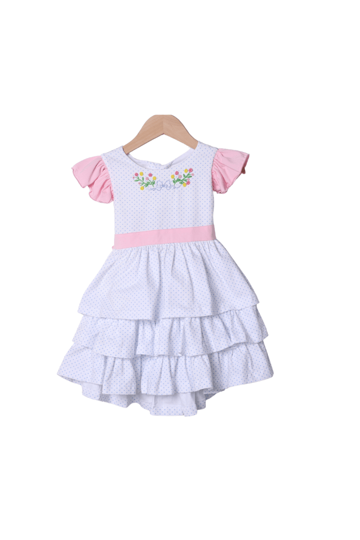 The Smocked Flamingo Apparel & Accessories Hand Embroidered Floral Bow Bitty Dot Ruffle Dress