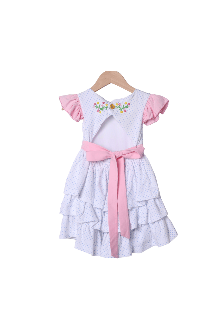The Smocked Flamingo Apparel & Accessories Hand Embroidered Floral Bow Bitty Dot Ruffle Dress