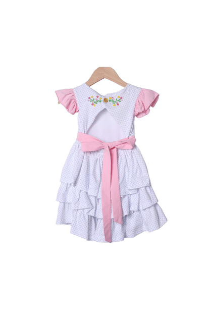 The Smocked Flamingo Apparel & Accessories Hand Embroidered Floral Bow Bitty Dot Ruffle Dress