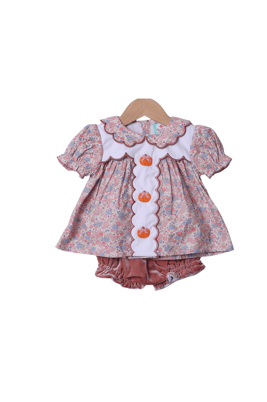 The Smocked Flamingo Apparel & Accessories Hand Embroidered Floral Bow Pumpkin Velvet Bloomer Set