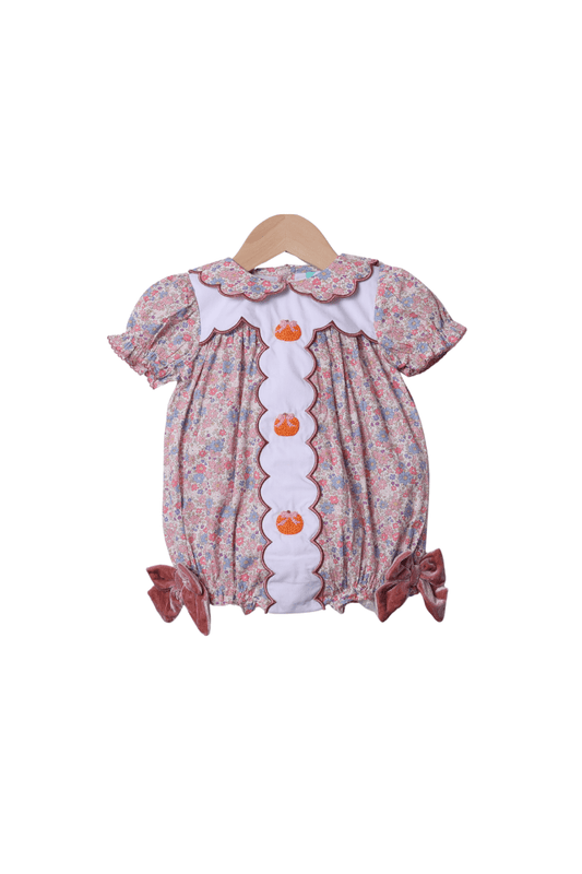 The Smocked Flamingo Apparel & Accessories Hand Embroidered Floral Pink Bow Pumpkin Bubble