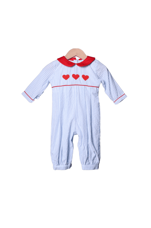 The Smocked Flamingo Apparel & Accessories Hand Embroidered Heart Blue Pinstripe Romper