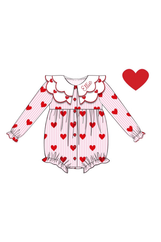 The Smocked Flamingo Apparel & Accessories Hand Embroidered Heart Pink Stripe Bubble