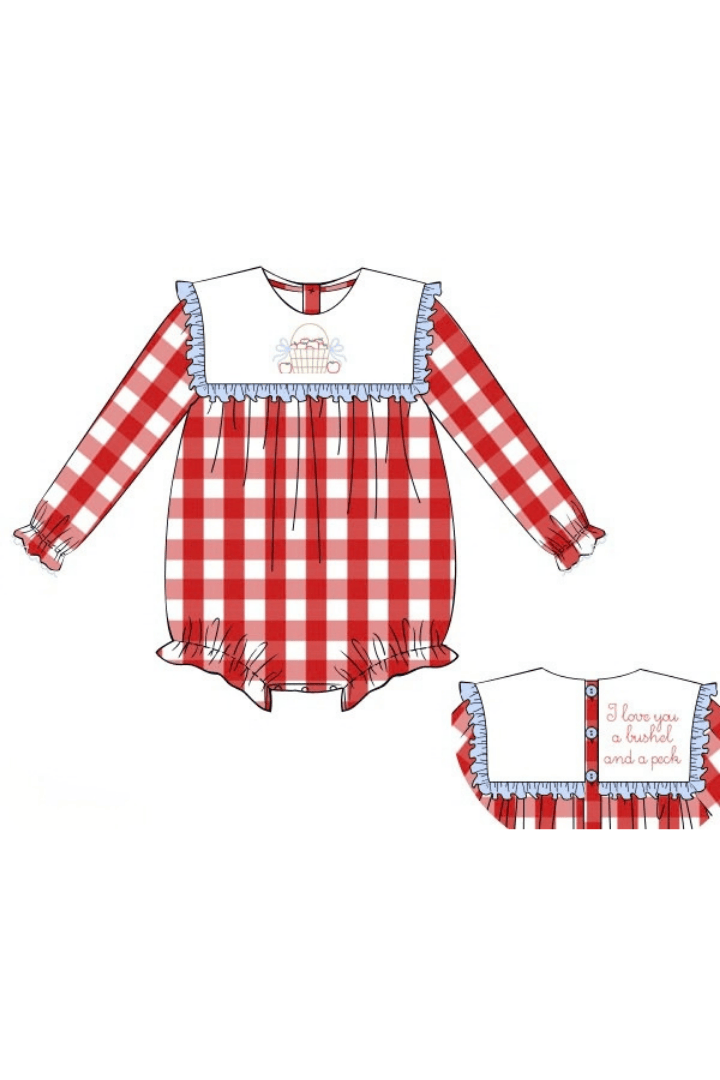 The Smocked Flamingo Apparel & Accessories Hand Embroidered I Love You A Bushel and a Peck Red Buffalo Check Bubble