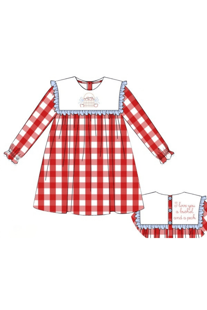The Smocked Flamingo Apparel & Accessories Hand Embroidered I Love You A Bushel and a Peck Red Buffalo Check Dress