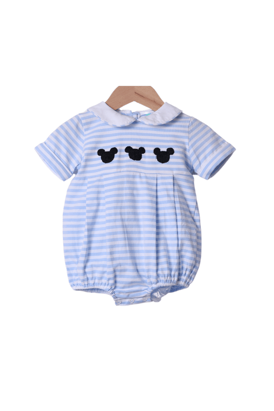 The Smocked Flamingo Apparel & Accessories Hand Embroidered Mouse Blue Stripe Knit Bubble