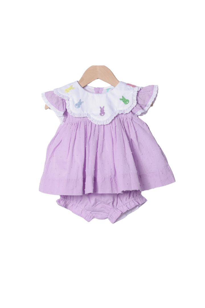 The Smocked Flamingo Apparel & Accessories Hand Embroidered Peeps Lavender Swiss Dot Bloomer Set