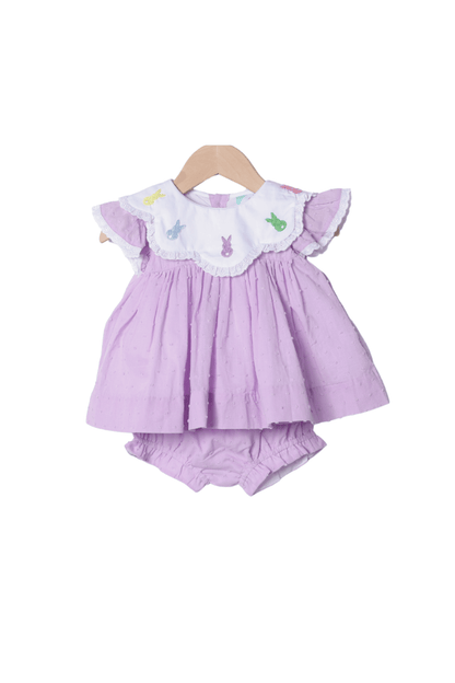 The Smocked Flamingo Apparel & Accessories Hand Embroidered Peeps Lavender Swiss Dot Bloomer Set