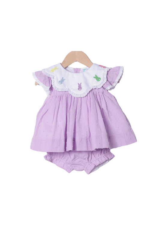 The Smocked Flamingo Apparel & Accessories Hand Embroidered Peeps Lavender Swiss Dot Bloomer Set