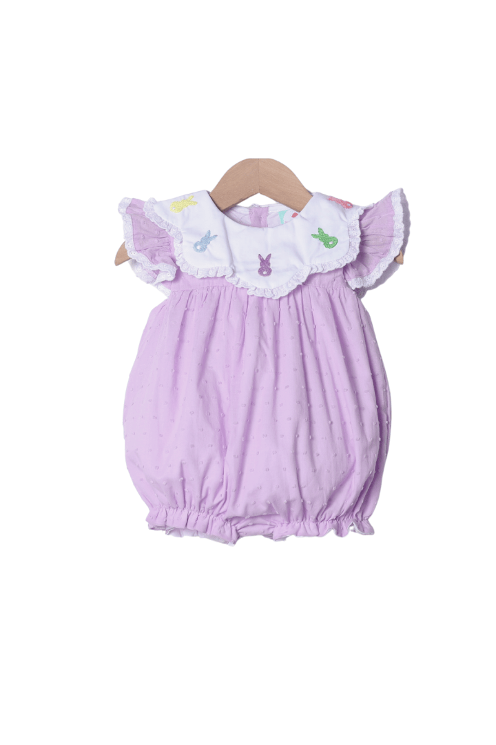 The Smocked Flamingo Apparel & Accessories Hand Embroidered Peeps Lavender Swiss Dot Bubble