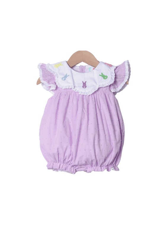 The Smocked Flamingo Apparel & Accessories Hand Embroidered Peeps Lavender Swiss Dot Bubble