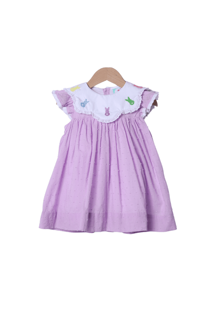 The Smocked Flamingo Apparel & Accessories Hand Embroidered Peeps Lavender Swiss Dot Dress