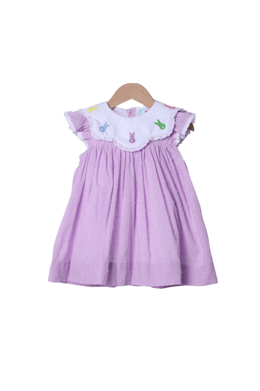 The Smocked Flamingo Apparel & Accessories Hand Embroidered Peeps Lavender Swiss Dot Dress
