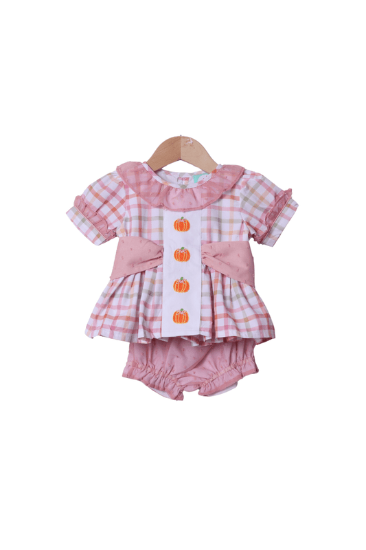 The Smocked Flamingo Apparel & Accessories Hand Embroidered Plaid Pumpkin Bow Bloomer Set
