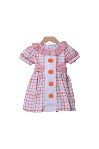 The Smocked Flamingo Apparel & Accessories Hand Embroidered Plaid Pumpkin Bow Dress