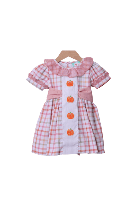 The Smocked Flamingo Apparel & Accessories Hand Embroidered Plaid Pumpkin Bow Dress