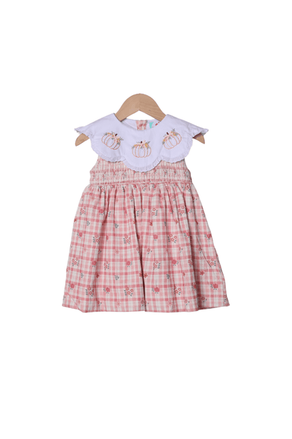 The Smocked Flamingo Apparel & Accessories Hand Embroidered Pumpkin Fall Plaid Floral Corduroy Dress