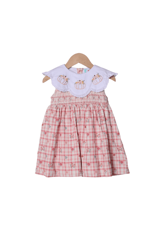 The Smocked Flamingo Apparel & Accessories Hand Embroidered Pumpkin Fall Plaid Floral Corduroy Dress