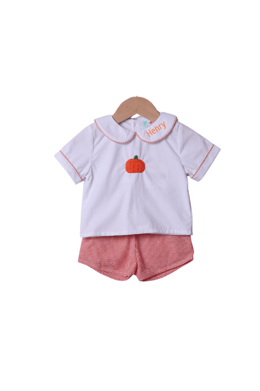 The Smocked Flamingo Apparel & Accessories Hand Embroidered Pumpkin Orange Seersucker Gingham Short Set