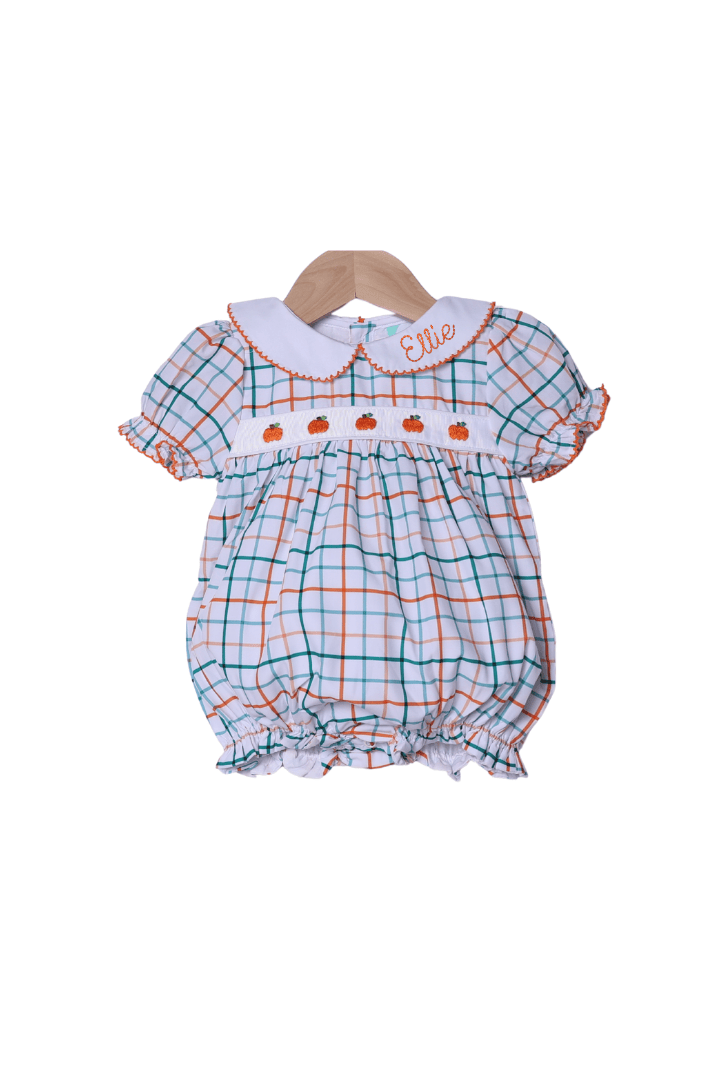 The Smocked Flamingo Apparel & Accessories Hand Embroidered Pumpkin Plaid Peter Pan Bubble