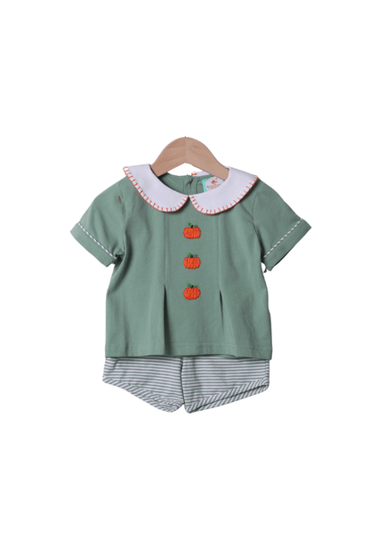 The Smocked Flamingo Apparel & Accessories Hand Embroidered Pumpkin Sage Stripe Short Set