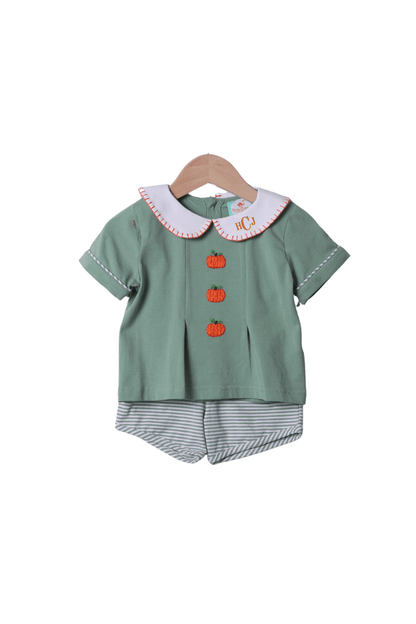 The Smocked Flamingo Apparel & Accessories Hand Embroidered Pumpkin Sage Stripe Short Set
