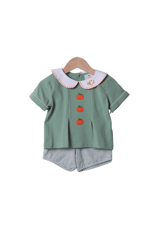 The Smocked Flamingo Apparel & Accessories Hand Embroidered Pumpkin Sage Stripe Short Set
