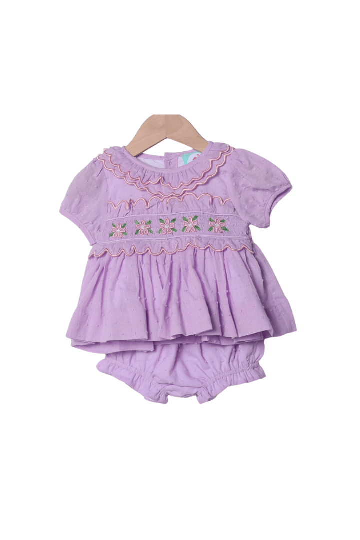 The Smocked Flamingo Apparel & Accessories Hand Embroidered Rose Bud Lavender Swiss Dot Bloomer Set