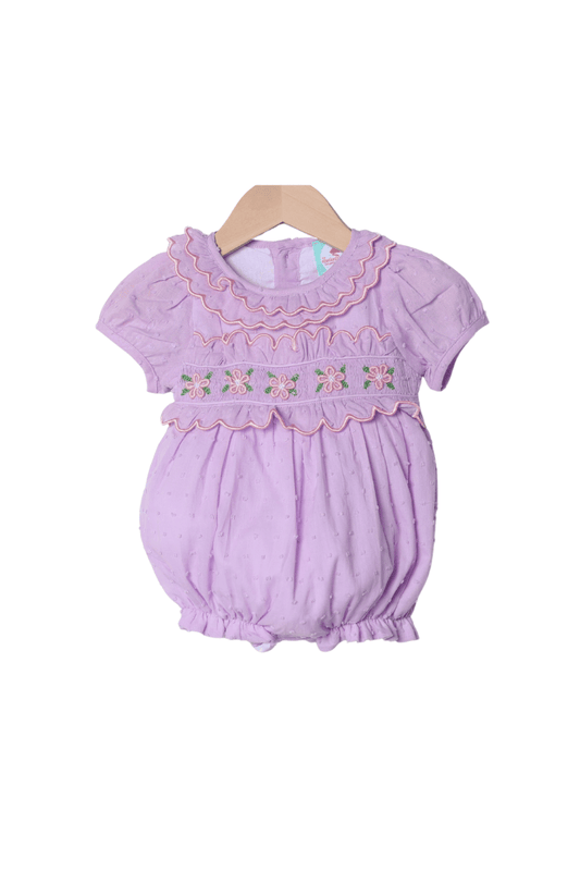 The Smocked Flamingo Apparel & Accessories Hand Embroidered Rose Bud Lavender Swiss Dot Bubble
