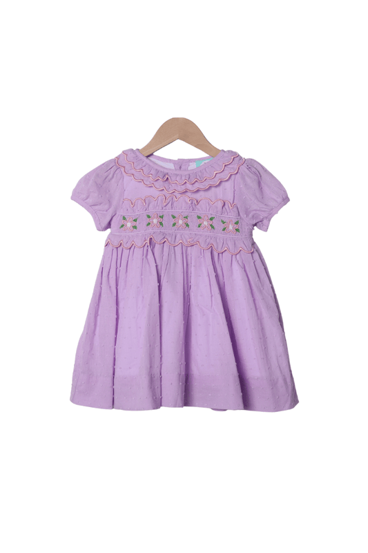 The Smocked Flamingo Apparel & Accessories Hand Embroidered Rose Bud Lavender Swiss Dot Dress