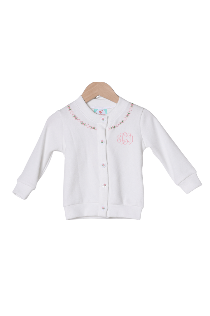 The Smocked Flamingo Apparel & Accessories Hand Embroidered Rosette White Cardigan
