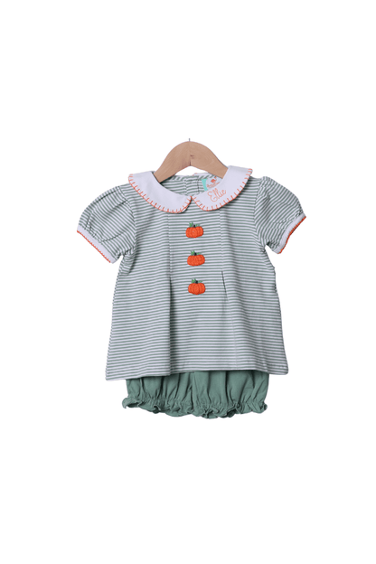 The Smocked Flamingo Apparel & Accessories Hand Embroidered Sage Stripe Pumpkin Bloomer Set
