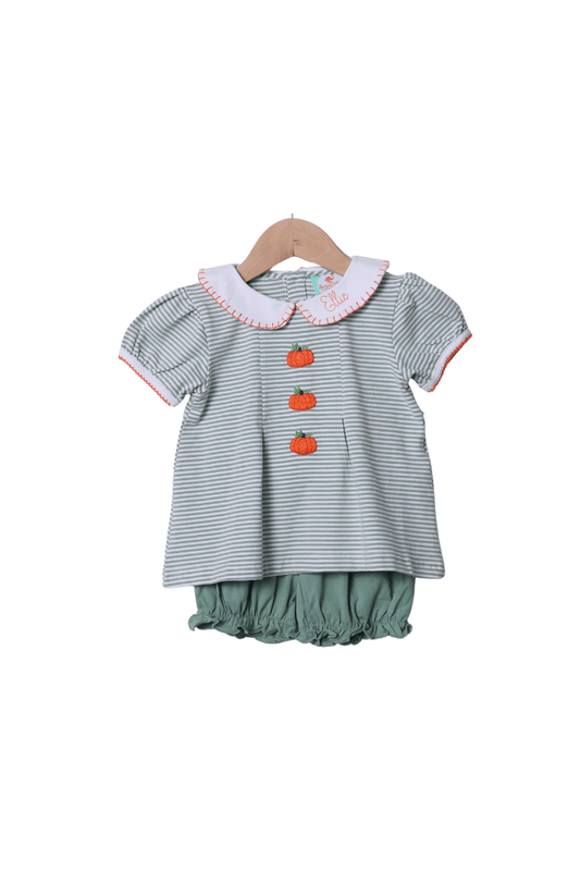 The Smocked Flamingo Apparel & Accessories Hand Embroidered Sage Stripe Pumpkin Bloomer Set