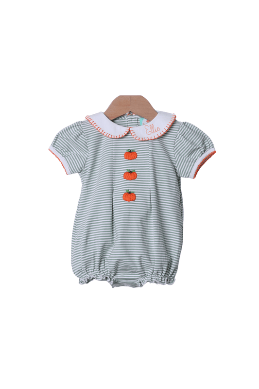 The Smocked Flamingo Apparel & Accessories Hand Embroidered Sage Stripe Pumpkin Bubble