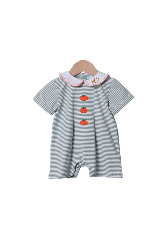The Smocked Flamingo Apparel & Accessories Hand Embroidered Sage Stripe Pumpkin Shortall