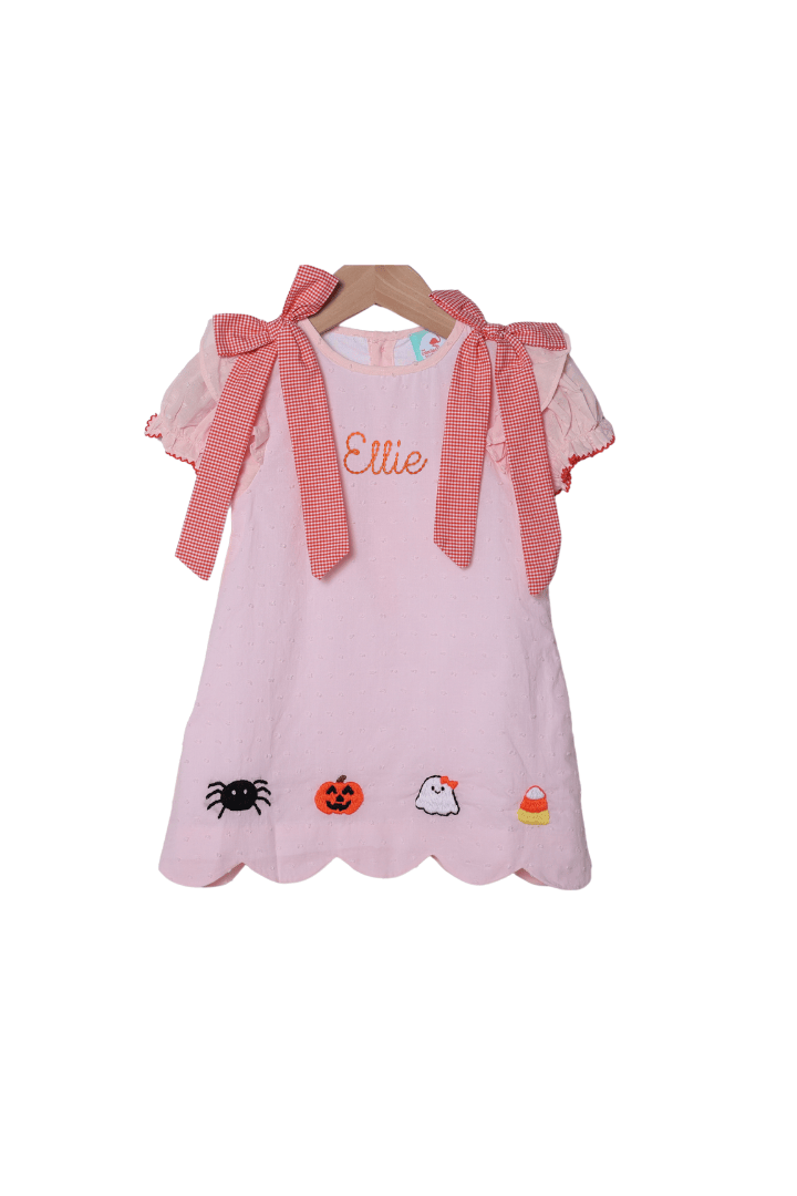 The Smocked Flamingo Apparel & Accessories Hand Embroidered Spooky Friends Pink Swiss Dot Scalloped Dress