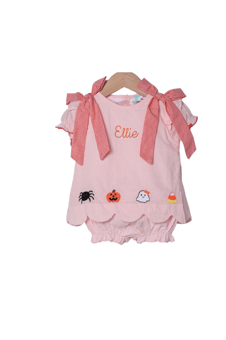 The Smocked Flamingo Apparel & Accessories Hand Embroidered Spooky Friends Pink Swiss Dot Scalloped Skirted Bubble