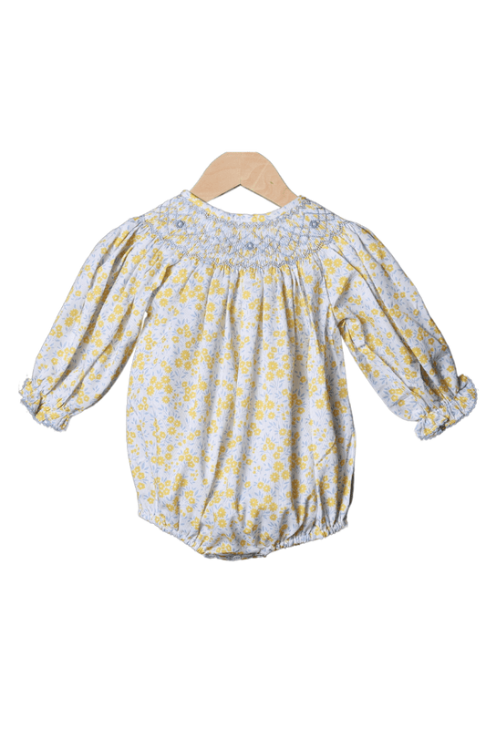 The Smocked Flamingo Apparel & Accessories Hand Smocked Heirloom Blue and Yellow Floral Bubble